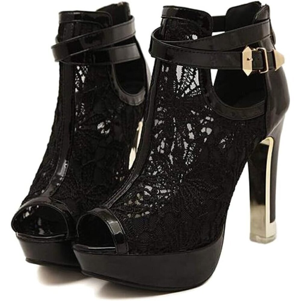 ✨ Getmorebeauty Ankle Boots Women Black Leather Pretty Open Toes High Heel Boot